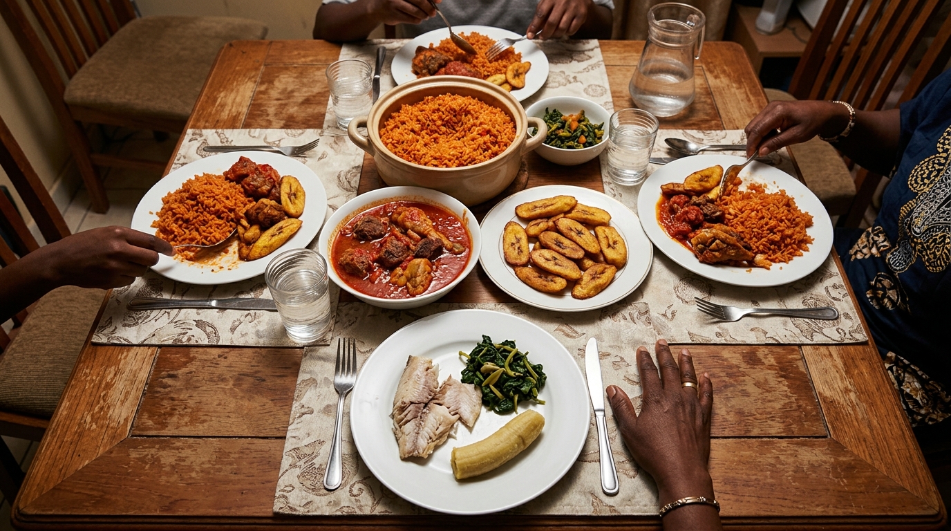 Overhead view of family dinner table with one sparse plate
